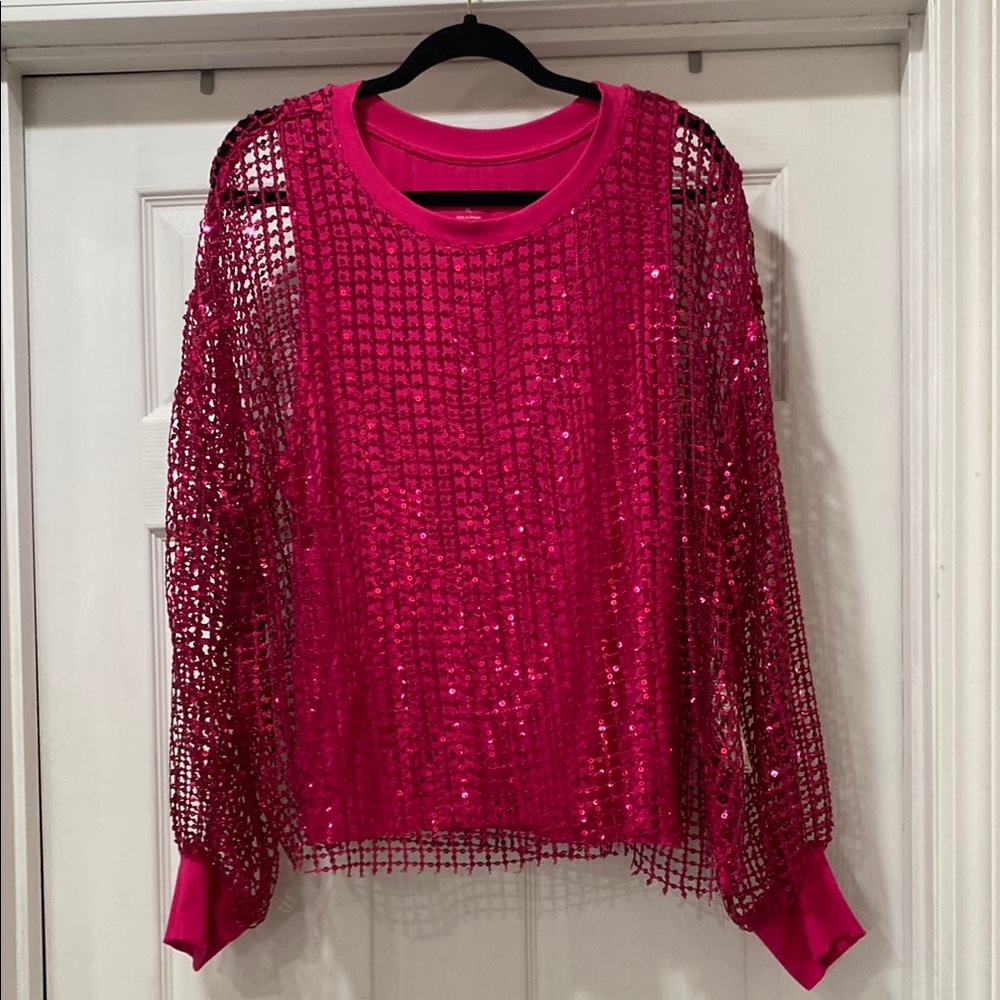 Anthropologie Pink Sequin Oversized Sweatshirt with Puff Sleeves